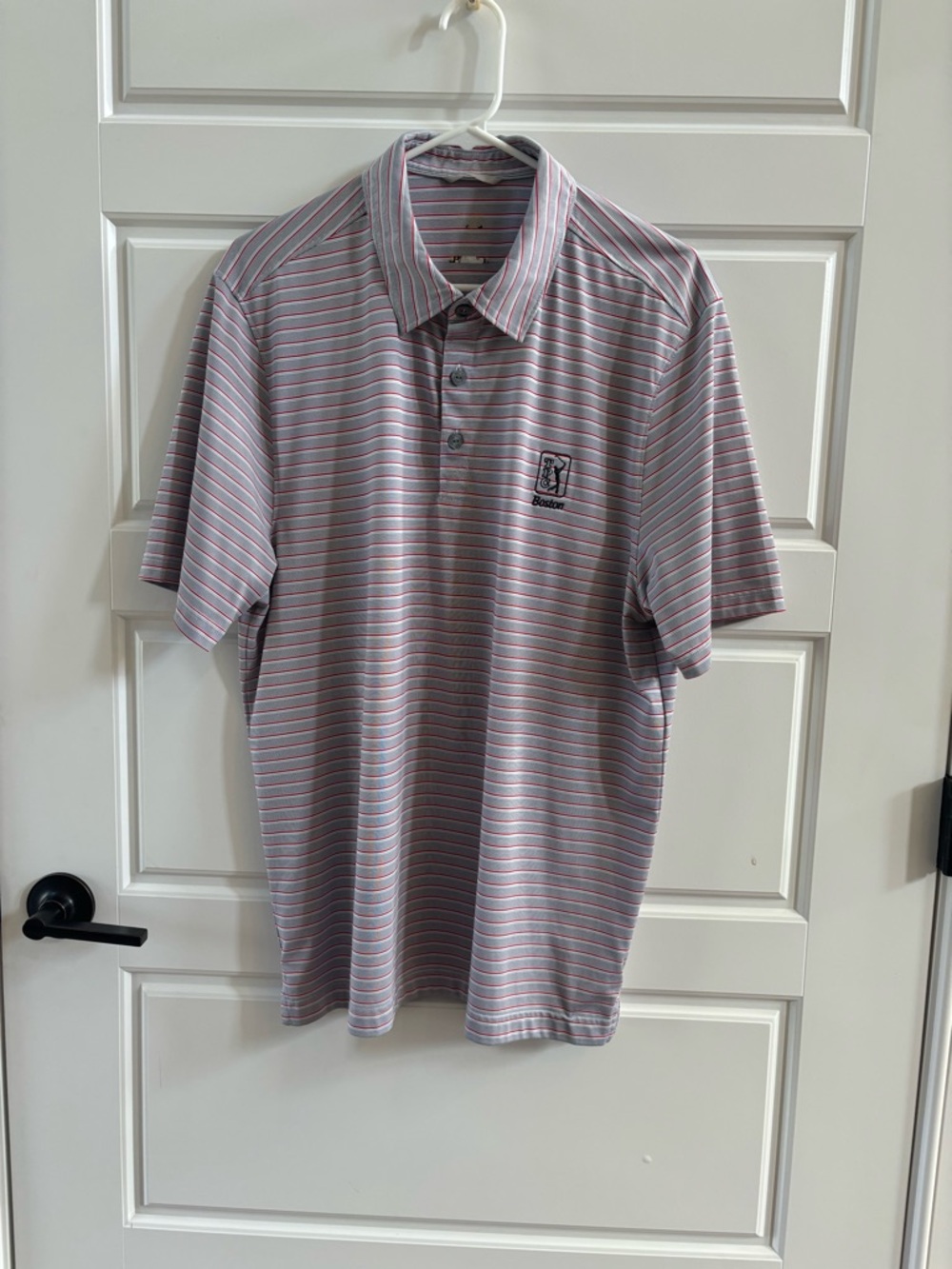 Cutter & Buck Boston TPC Golf Polo Shirt Striped Gray Red Men’s Size L